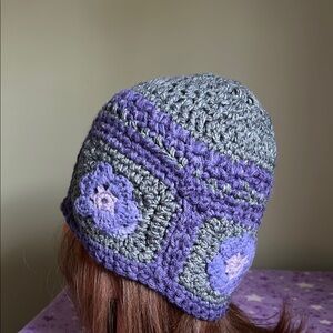 Elegant Purple and Gray Crochet Hat medium new soft acrylic yarn warm